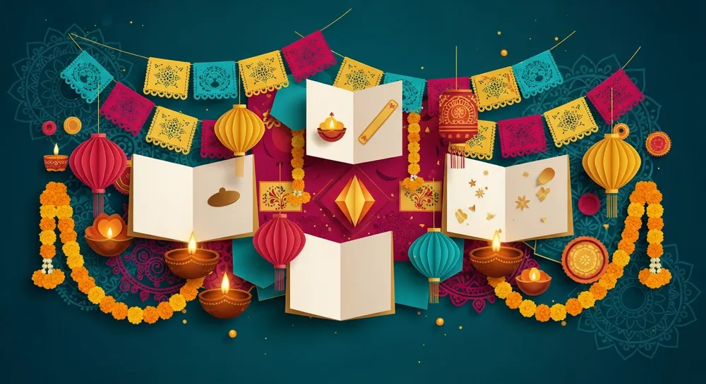 An editorial illustration interweaving diyas, paper lanterns, marigolds, papel picado and rangoli motifs in deep teal, warm gold and crimson.