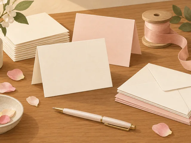 Editorial illustration of blank greeting cards, envelopes and ribbon on a desk